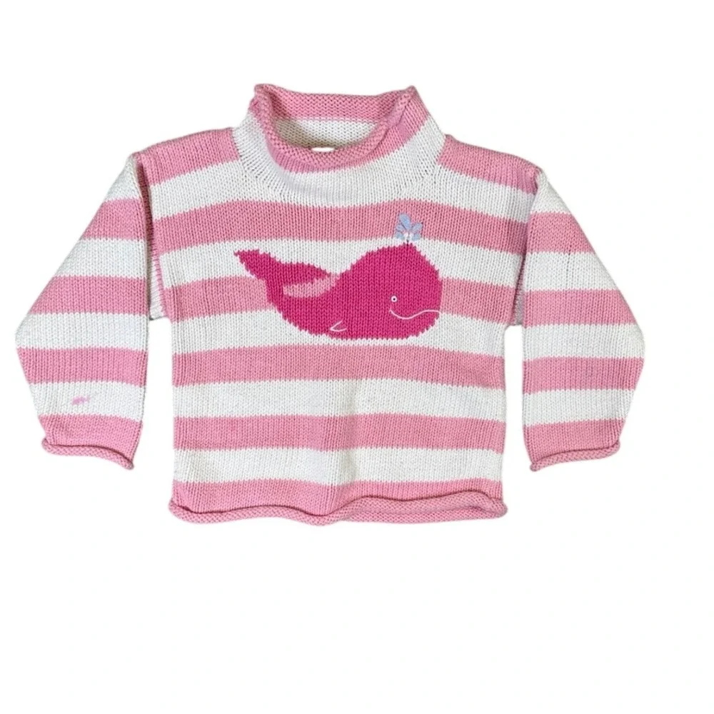 Chatham T Co For Kids Pink White Striped Whale Knit Sweater 4T Nautical Mockneck